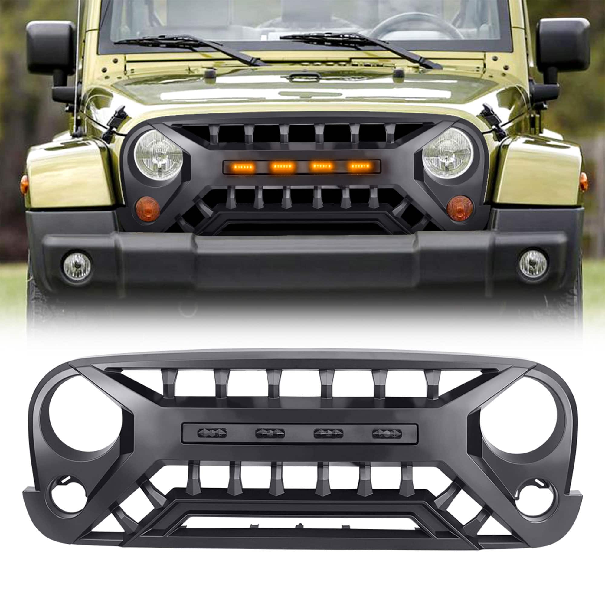 AMERICAN MODIFIED - Armor Grille with Amber Lights, 07-08 Jeep Wrangler JK, Black - Matte Black