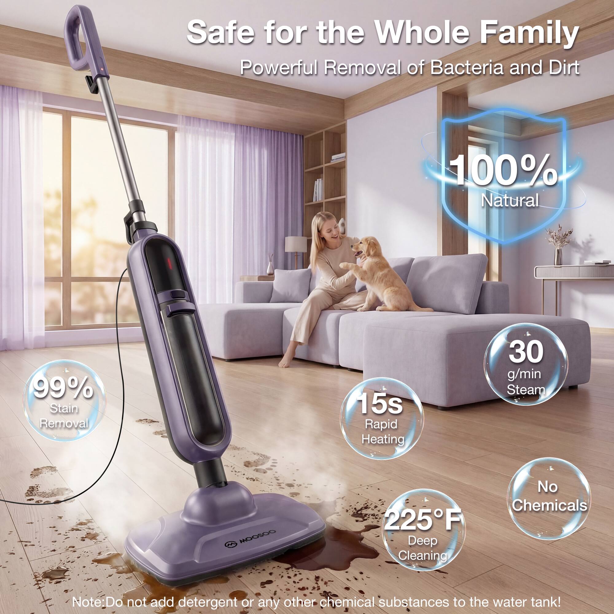 Safe for the Whole Family  
Powerful Removal of Bacteria and Dirt  
100% Natural  
99% Stain Removal  
15s Rapid Heating  
30 g/min Steam  
225°F Deep Cleaning  
No Chemicals  

Note: Do not add detergent or any other chemical substances to the water tank!
