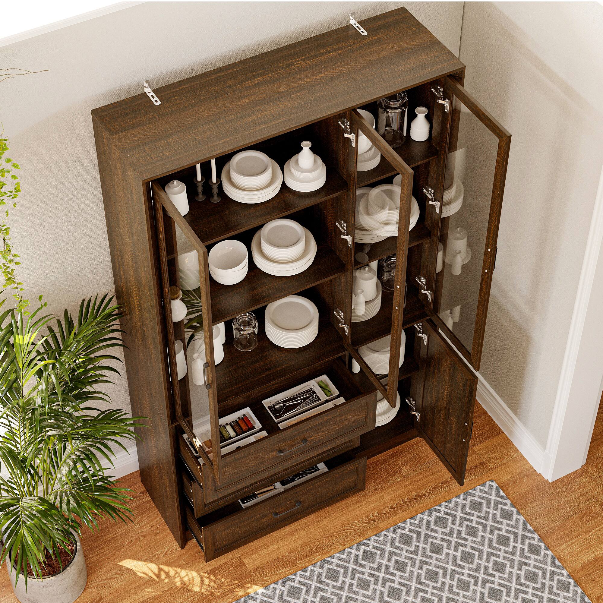 Alt View 5. FUFU & GAGA - Multi-Purpose Large Glass Door Cabinet with Shelves and Drawers for Living Room or Kitchen Storage - Brown.