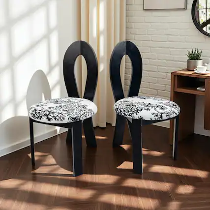 Front. GOODSILO - Elegant Dining Chair with Ribbon-Cross Backrest and Teddy Velvet Upholstery for Kitchen and Dining Room, Set of 2 - White+Black.