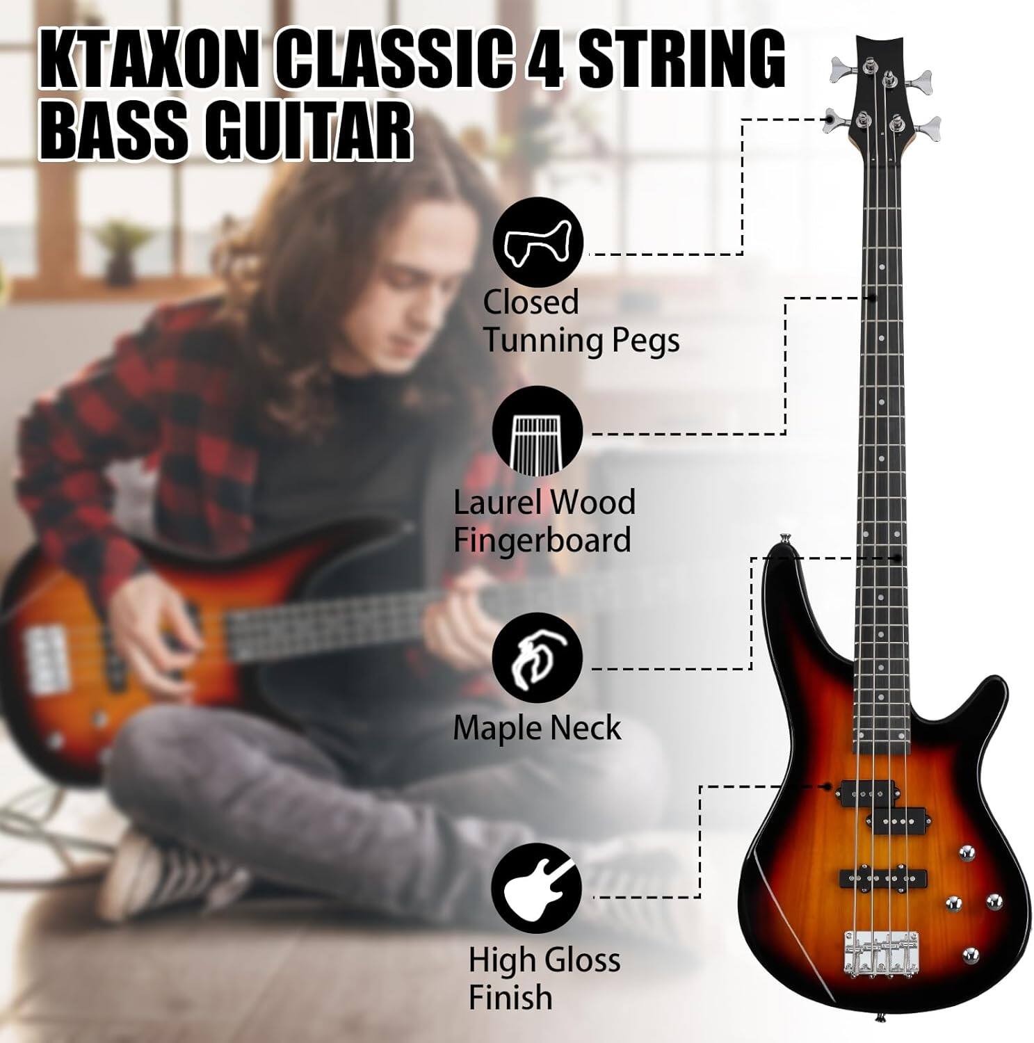 KTAXON CLASSIC 4 STRING BASS GUITAR

- Closed Tuning Pegs
- Laurel Wood Fingerboard
- Maple Neck
- High Gloss Finish