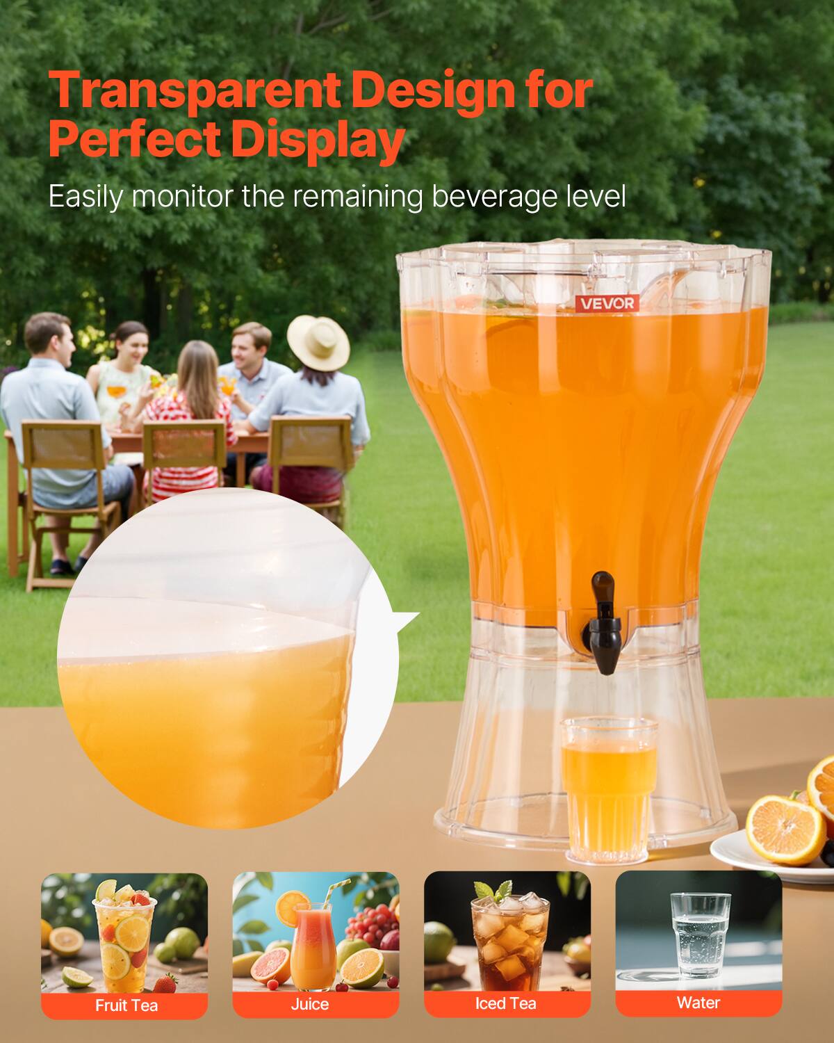 Transparent Design for Perfect Display  
Easily monitor the remaining beverage level  

Fruit Tea  
Juice  
Iced Tea  
Water