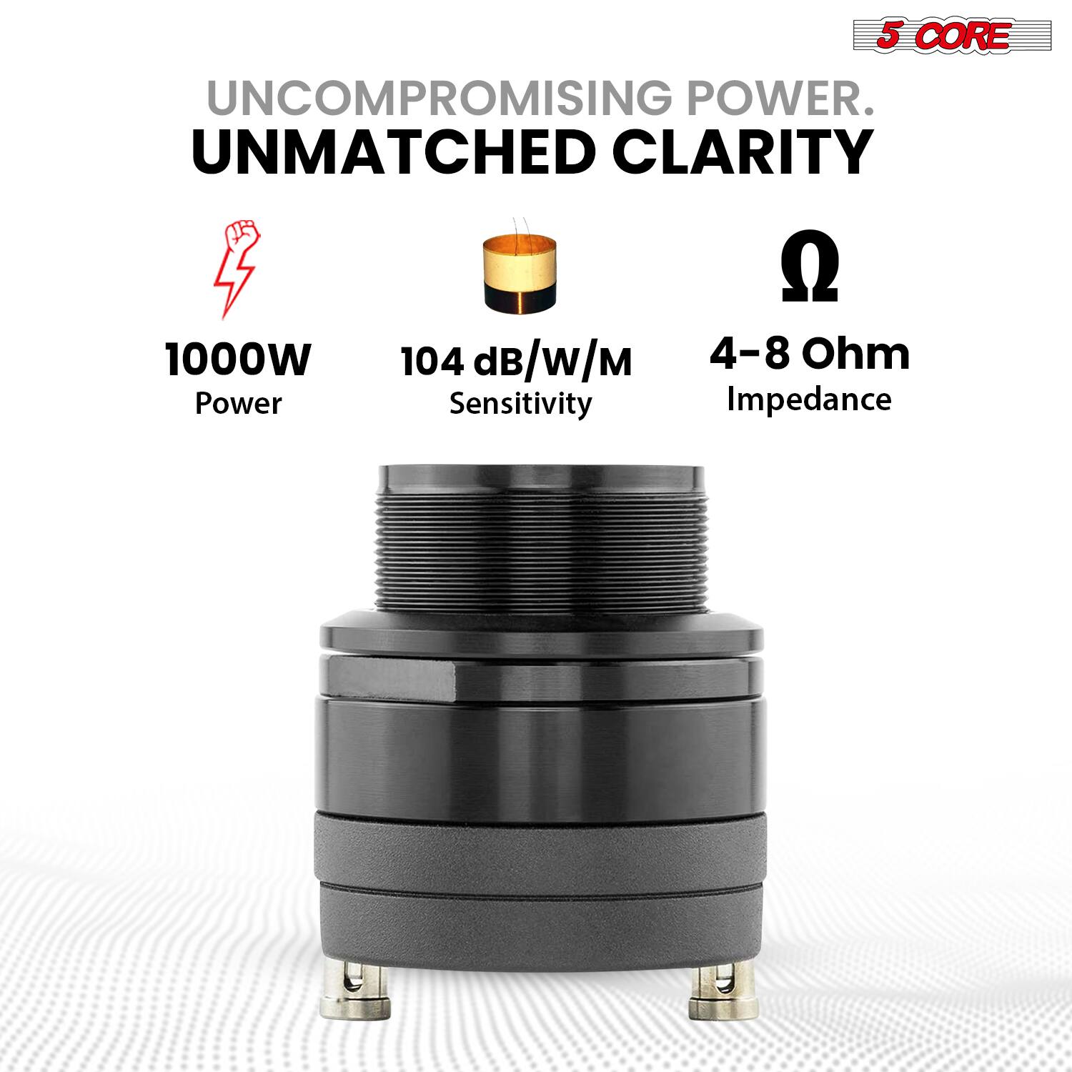 5 CORE UNCOMPROMISING POWER. UNMATCHED CLARITY

1000W Power
104 dB/W/M Sensitivity
4-8 Ohm Impedance