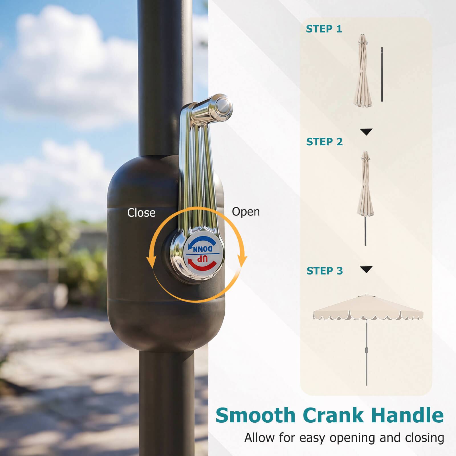 STEP 1  
STEP 2  
Close  
Open  
DONN UP  
STEP 3  
Smooth Crank Handle  
Allow for easy opening and closing