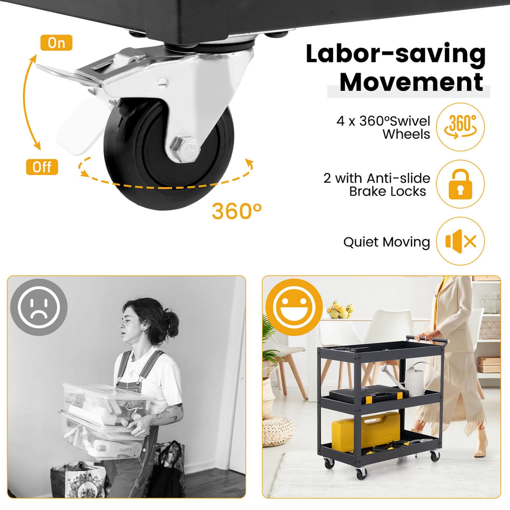 Labor-saving Movement

4 x 360° Swivel Wheels

2 with Anti-slide Brake Locks

Quiet Moving