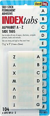 Redi-Tag  
SELF-STICK PERMANENT ADHESIVE INDEX tabs  
ALPHABET A - Z  
SIDE TABS  

Use to index all sizes of papers, directories, computer printouts, books and manuals. Tabs are strong and rigid so they won't tear.  
7/16" x 1" (11mm x 25mm)  

104  
4 SETS OF A - Z  

#31005