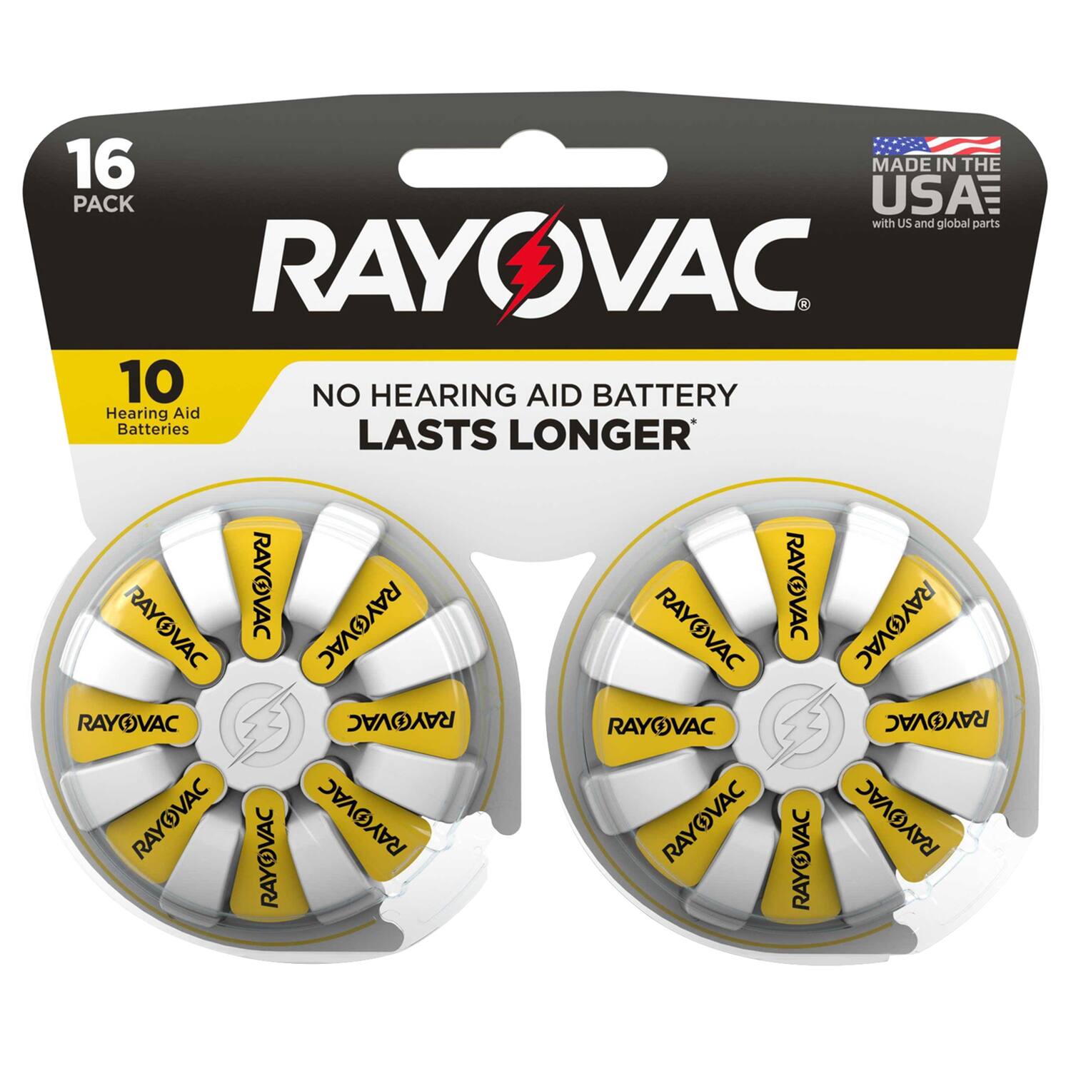 16 PACK  
MADE IN THE USA with US and global parts  
RAYOVAC  
10 Hearing Aid Batteries  
NO HEARING AID BATTERY LASTS LONGER