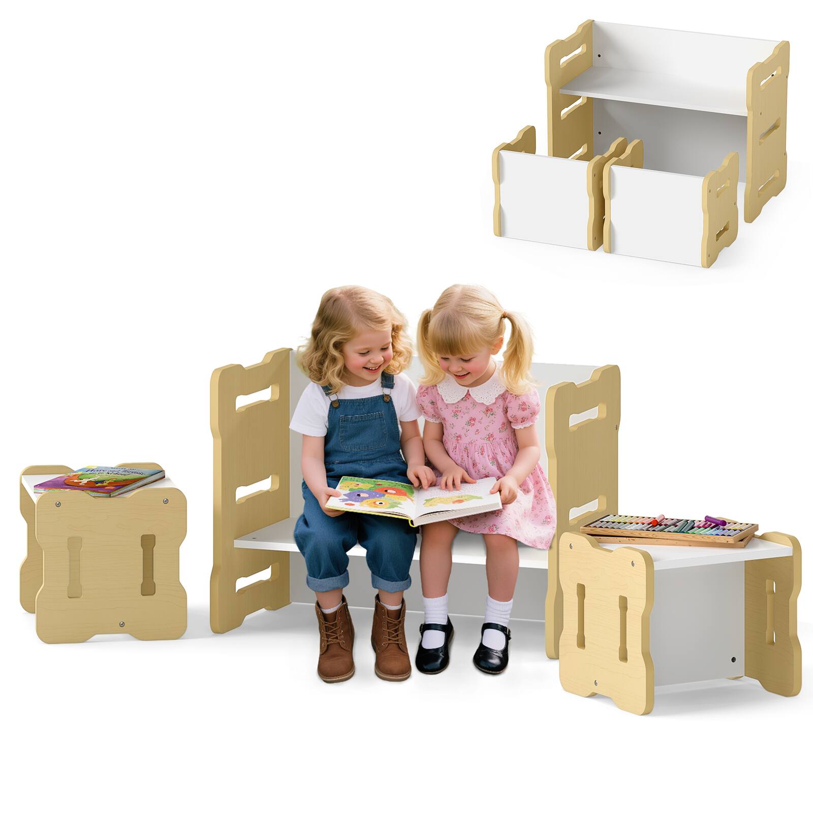 Alt View 9. Gymax - Gymax Kids Table & Chair Set 3-Piese Toddler Set w/2 Stools & Activity Table Gray Natural - Natural.