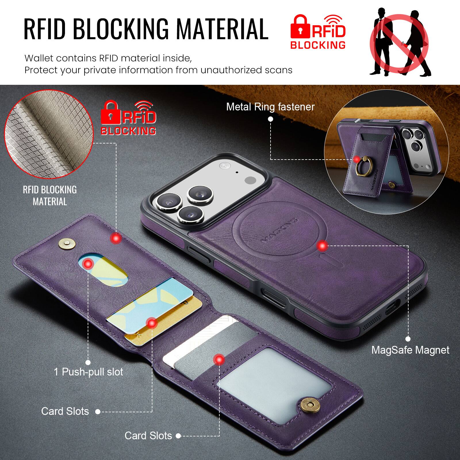 RFID BLOCKING MATERIAL

Wallet contains RFID material inside, Protect your private information from unauthorized scans

RFID BLOCKING MATERIAL

Metal Ring fastener

1 Push-pull slot

Card Slots

Card Slots

MagSafe Magnet