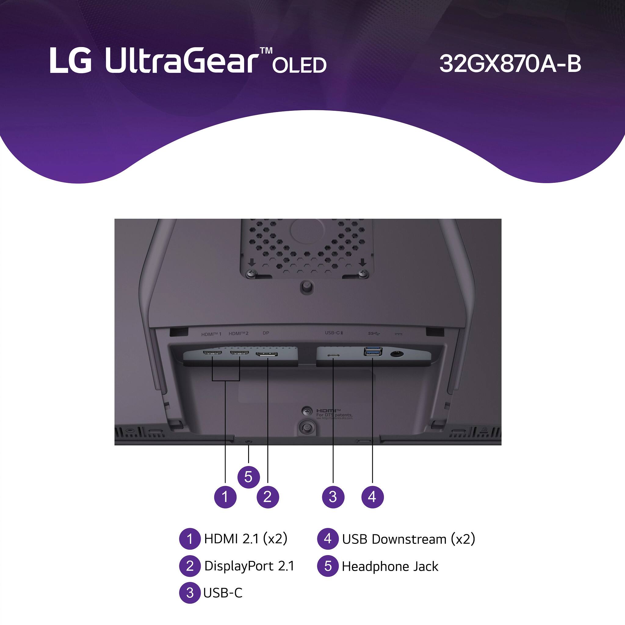 LG UltraGear™ OLED 32GX870A-B

1. HDMI 2.1 (x2)
2. DisplayPort 2.1
3. USB-C
4. USB Downstream (x2)
5. Headphone Jack