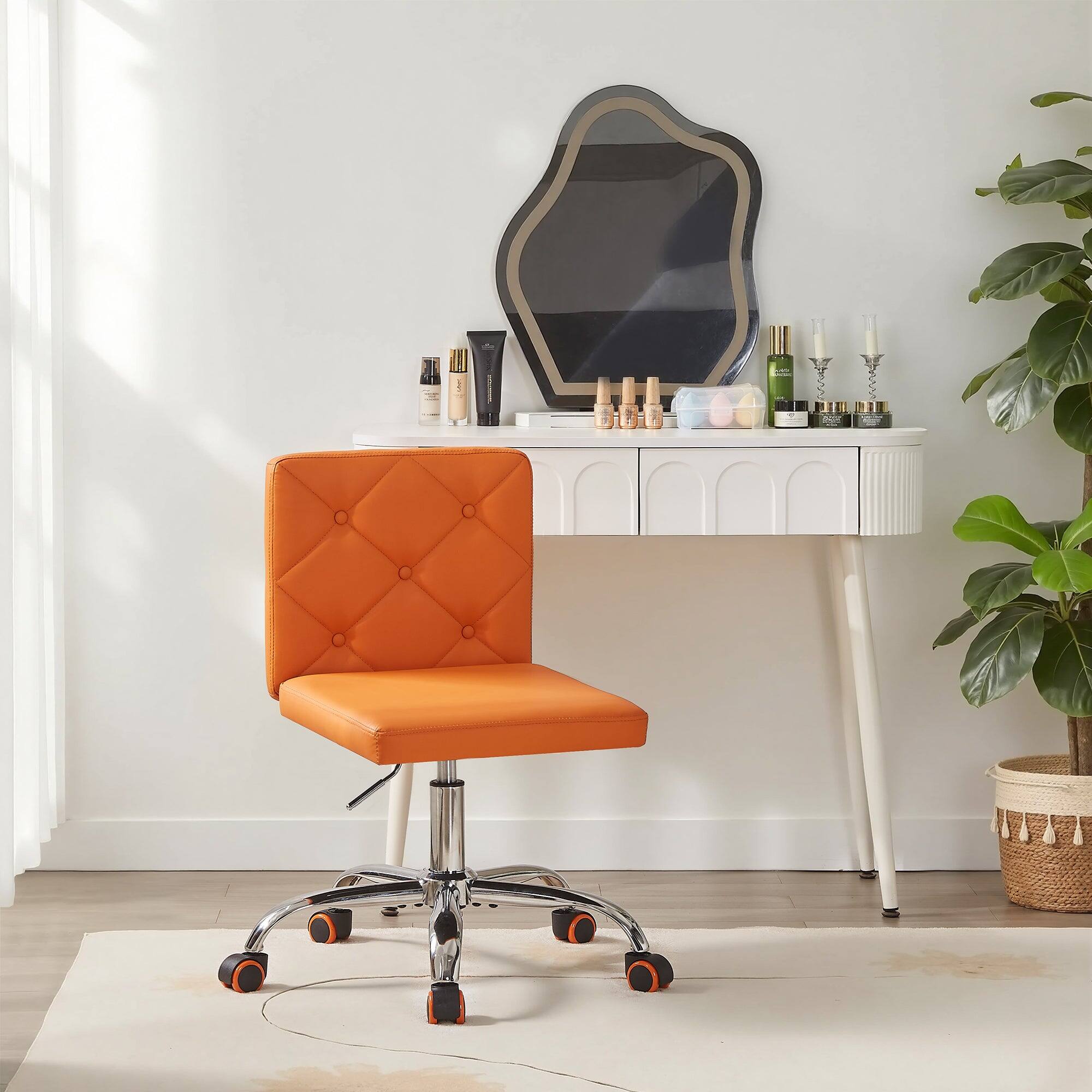 Left. Vecelo - Orange PU Leather Armless Office Chair - 28-32 Inch Adjustable Height Task Chair, Ergonomic Computer Chair with Wheels - Orange.
