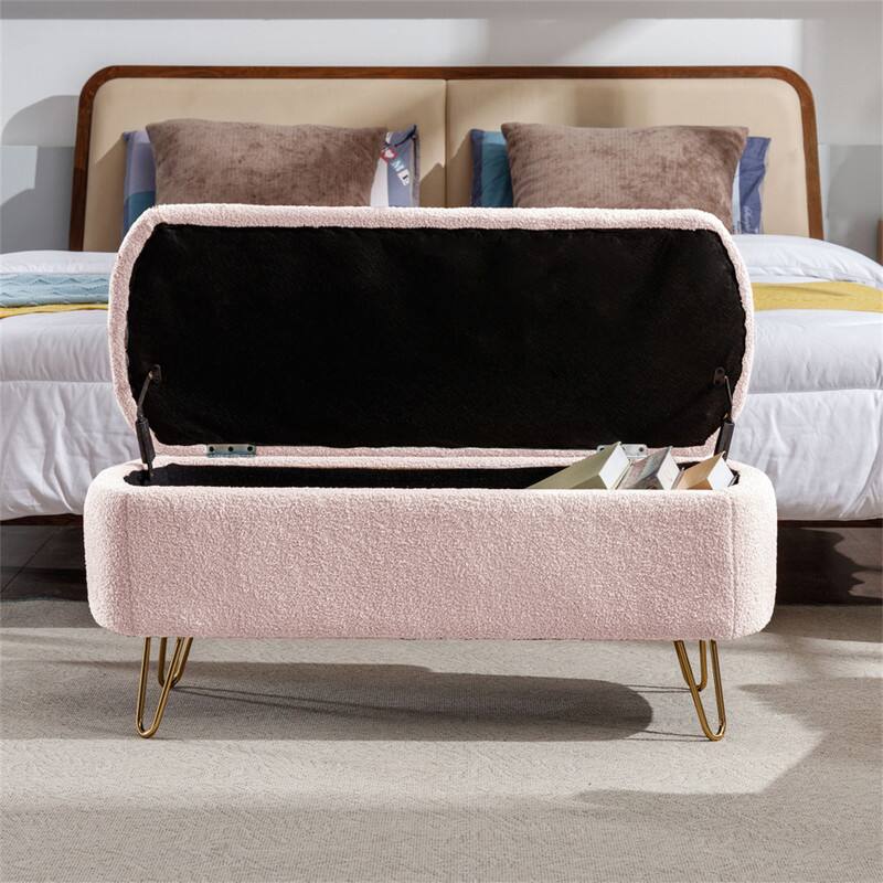 Alt View 4. HTUTWOO - Storage Ottoman Bench for Bedroom - Faux Fur Upholstered Bench with Gold Legs,Padded Storage Bench for Living Room - Pink.