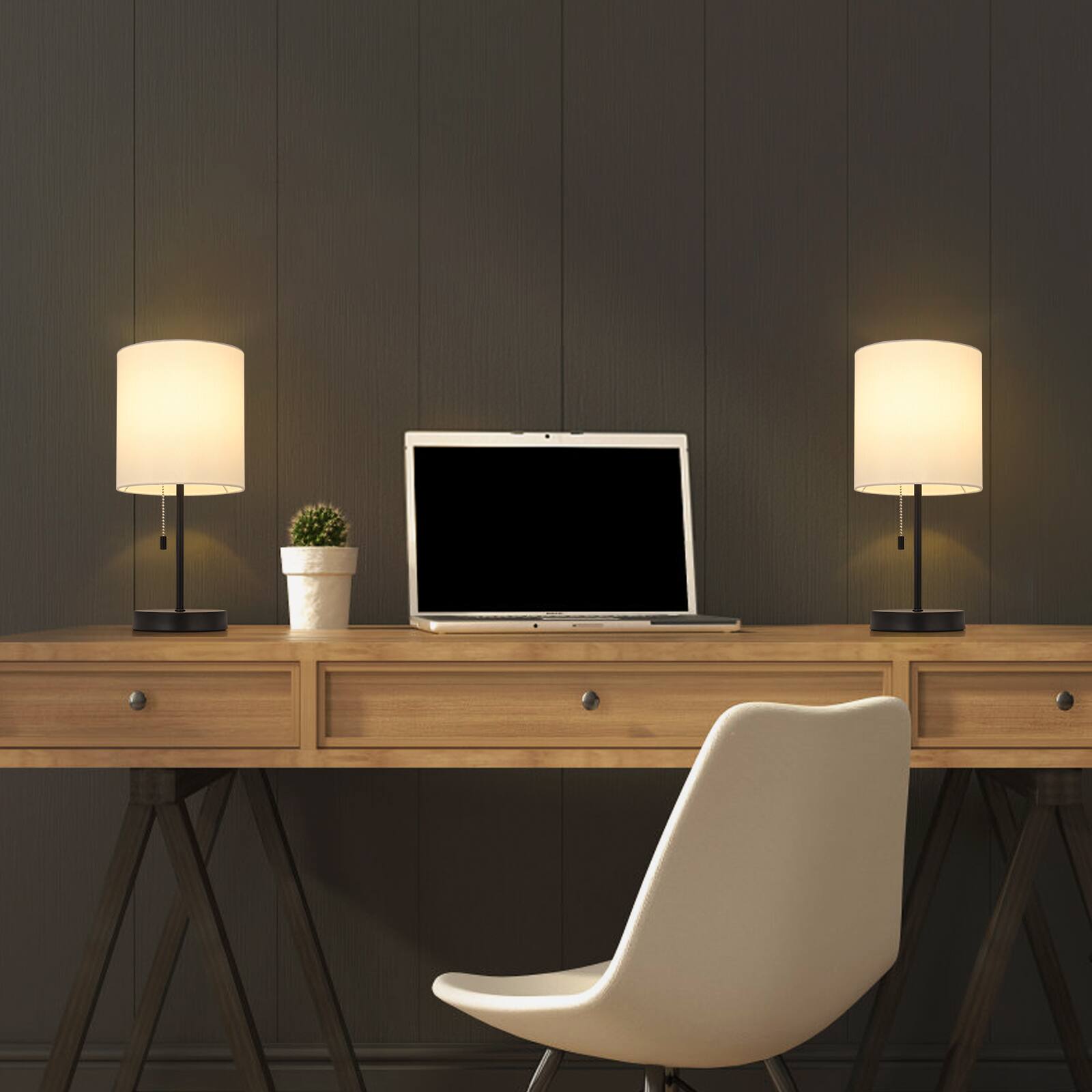 Alt View 1. Oumilen - Modern Table Lamps Set of 2 Fabric Shade w/Pull Chain Switch Bedroom Living Room.