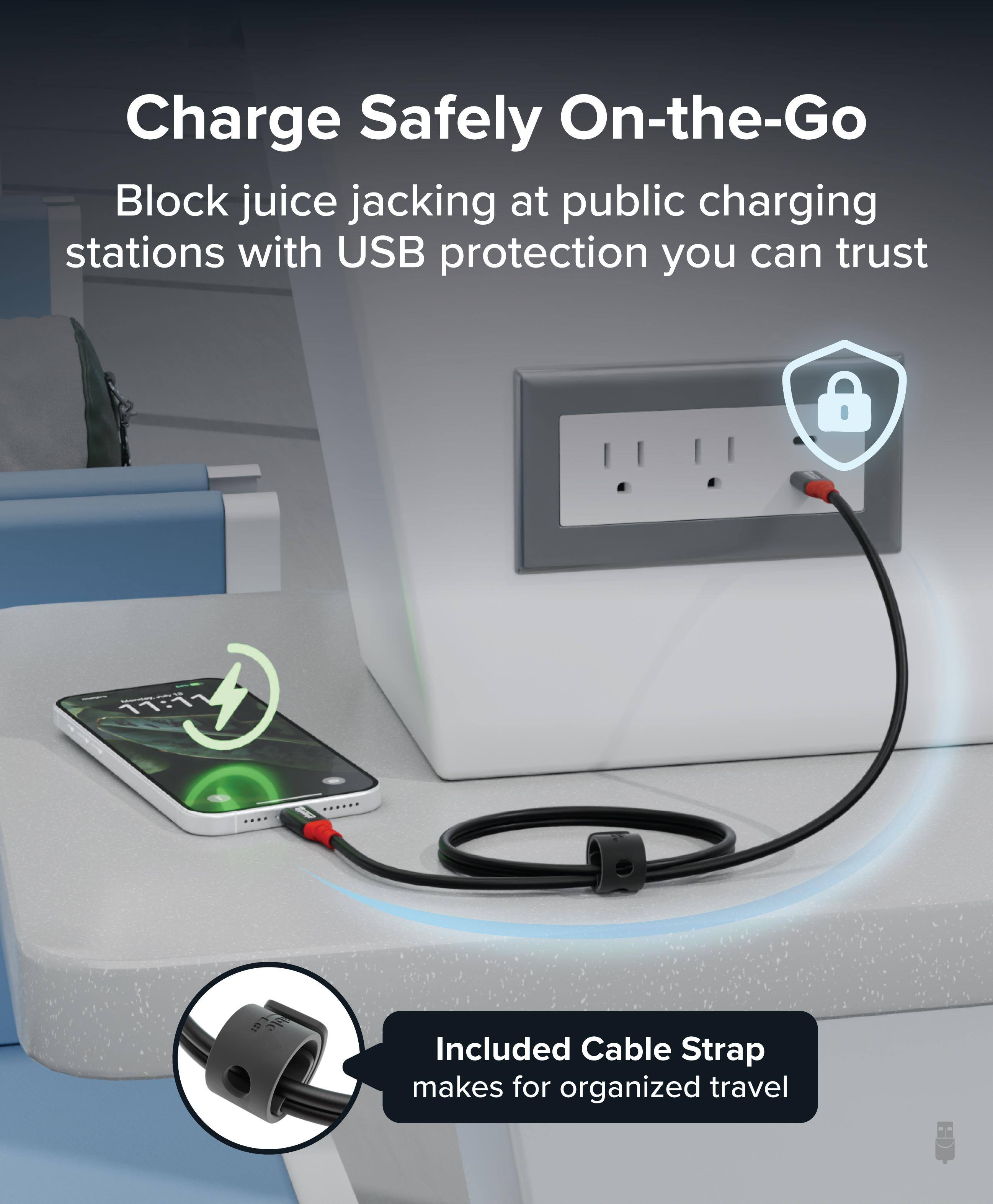 Charge Safely On-the-Go

Block juice jacking at public charging stations with USB protection you can trust

Included Cable Strap makes for organized travel