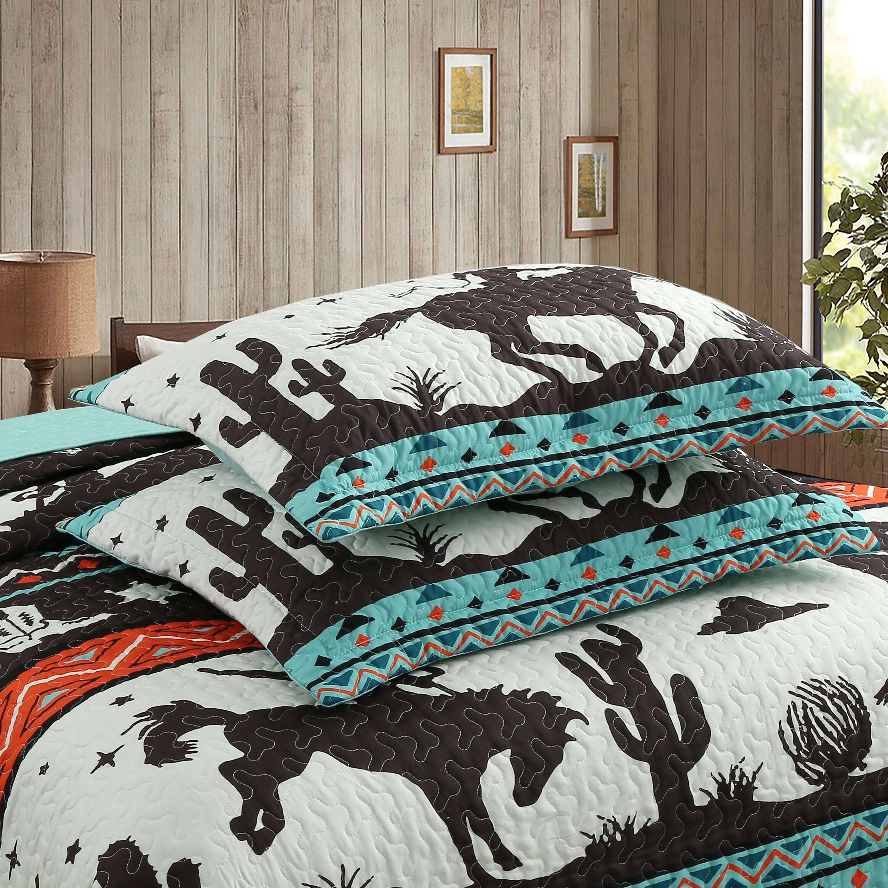 Back. MarCielo - Marcielo 3 Piece South Western Quilt Bedspread Set Cowboy - Green.
