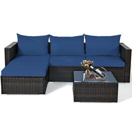 Costway - 5PCS Patio Rattan Furniture Set Sectional Conversation Sofa w/ Coffee Table - Navy