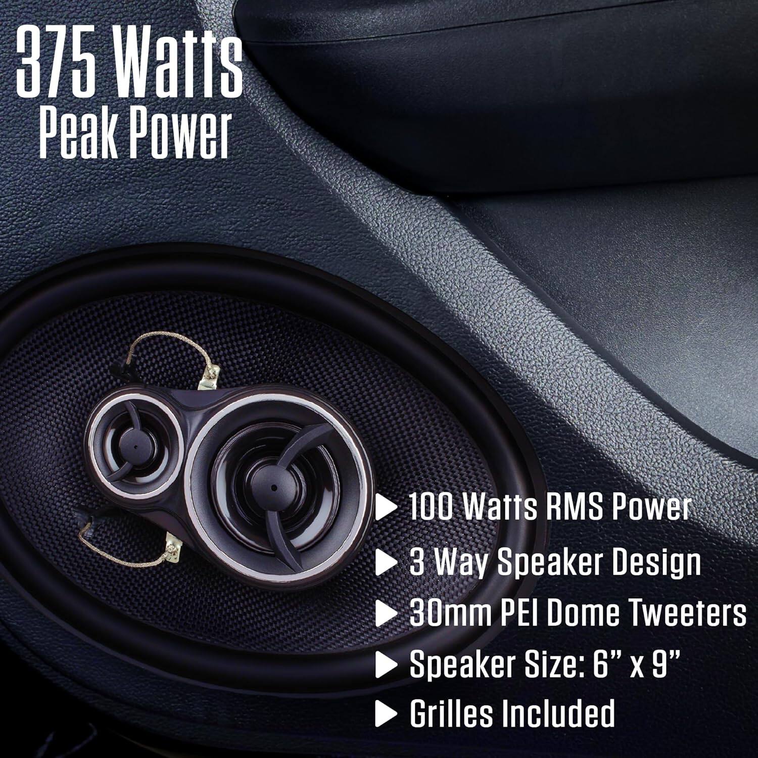 375 Watts Peak Power  
100 Watts RMS Power  
3 Way Speaker Design  
30mm PEI Dome Tweeters  
Speaker Size: 6" x 9"  
Grilles Included