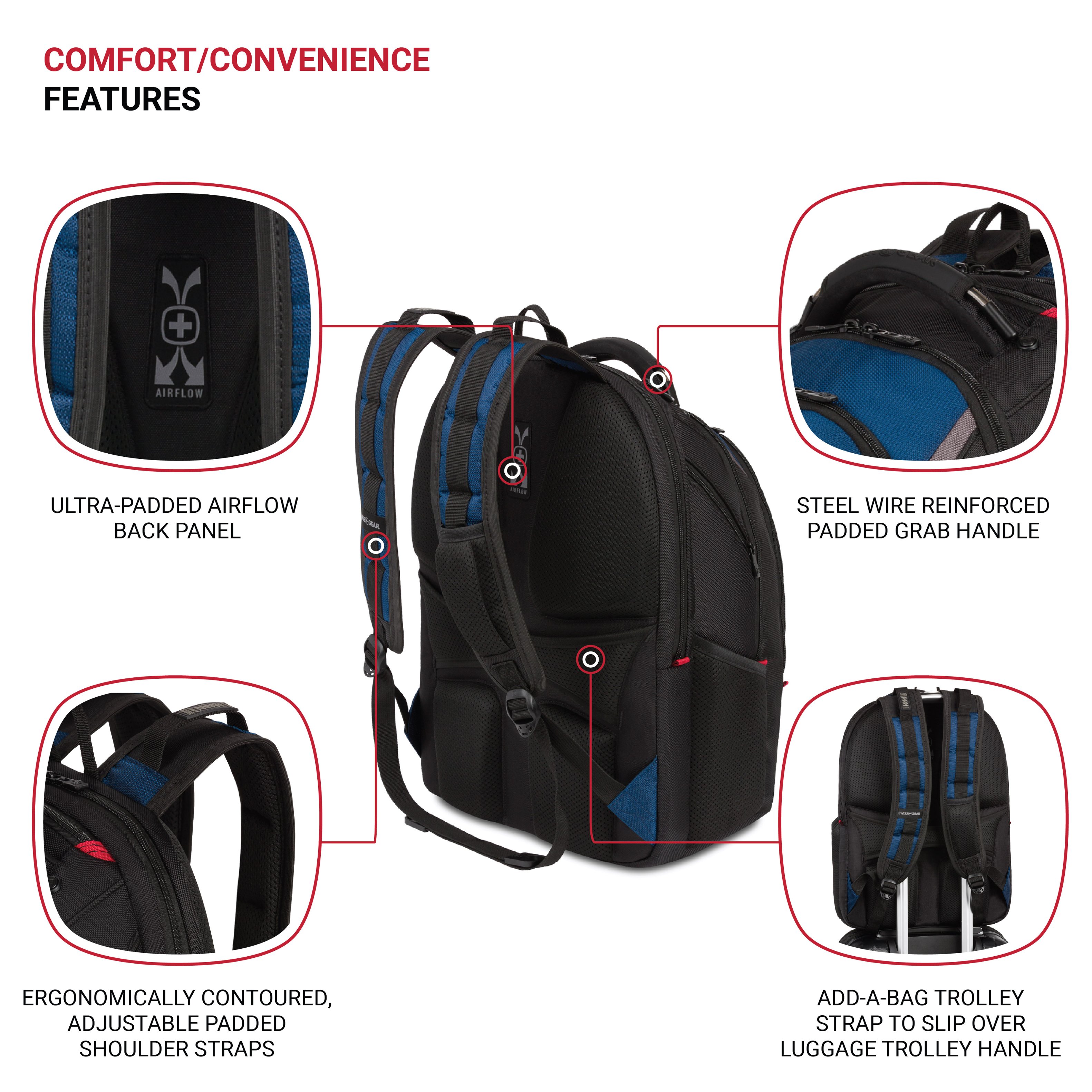The image features a backpack with various comfort and convenience features. These features include an airflow ultra-padded back panel, steel wire reinforced padded grab handle, ergonomically contoured, adjustable padded shoulder straps, and an add-a-bag trolley strap to slip over luggage trolley handles. The backpack is designed to provide comfort and convenience for its users.