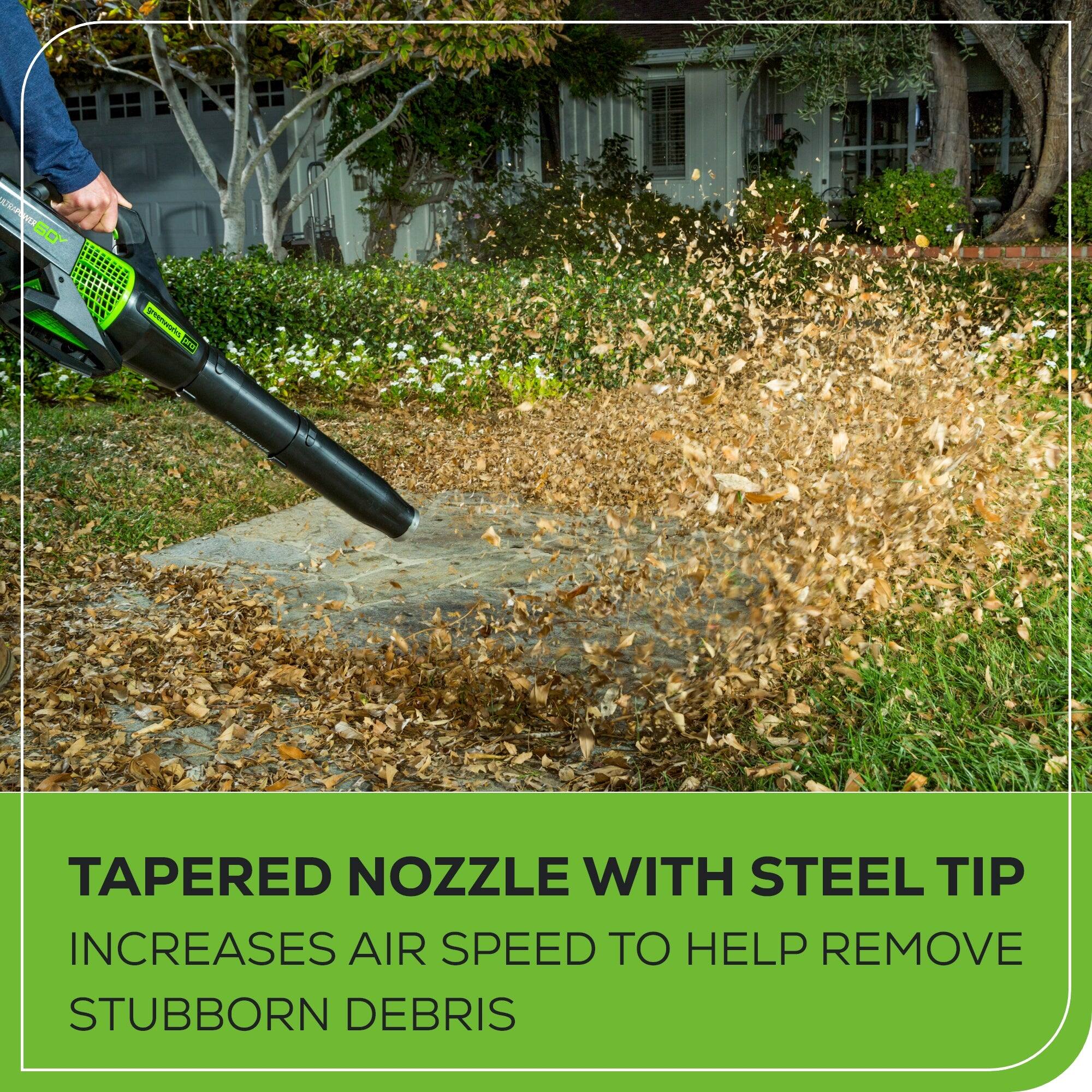 Tapered nozzle with steel tip increases air speed to help remove stubborn debris