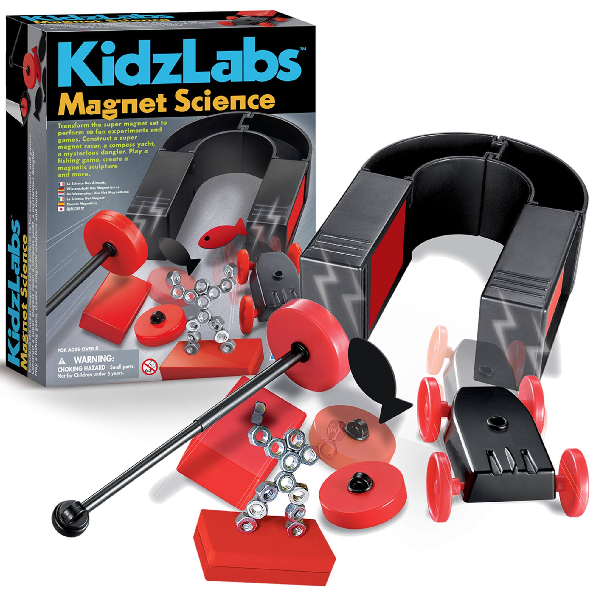 KidzLabs Magnet Science: Transform the super magnet set to perform 10 fun experiments and create a super magnet racer, a compass yacht, a mysterious dangler. Play a fishing game, create a magnetic sculpture and more. - Aor - - i - - eno - i - - ni | - Atac Mee - n  : Labs Science Kidz ! Magnot | Ces CHOKING HAZARD: Small parts. Not for children under 3 years.