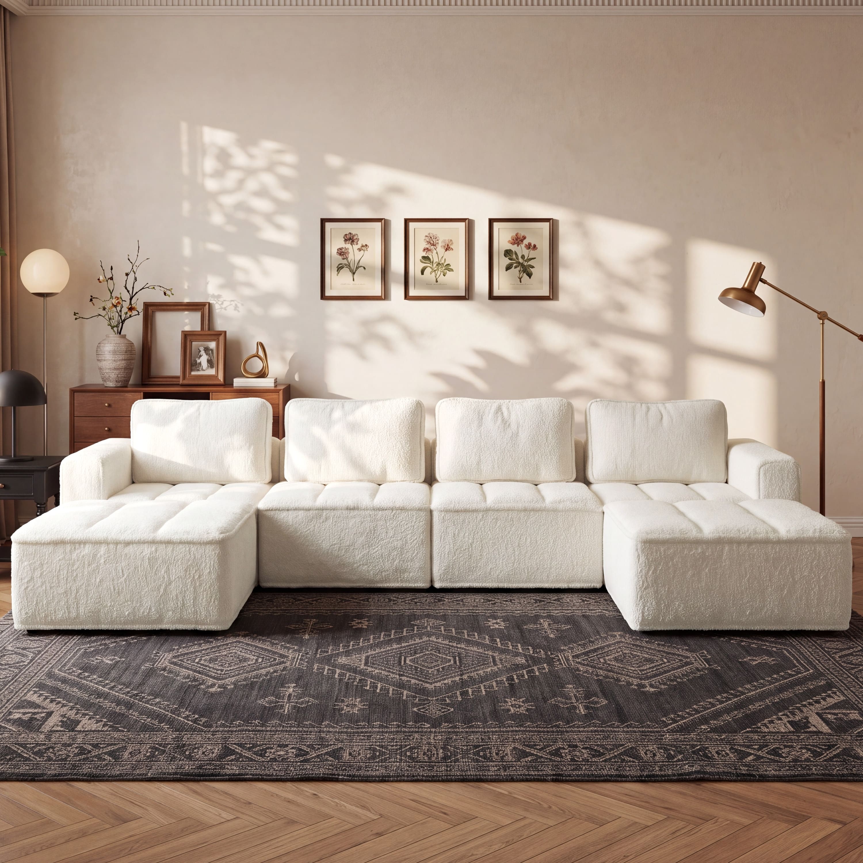 Dyonery - 110" L Shaped Modular Sectional Sofa with Ottoman, Boneless Couch for Living Room - Beige