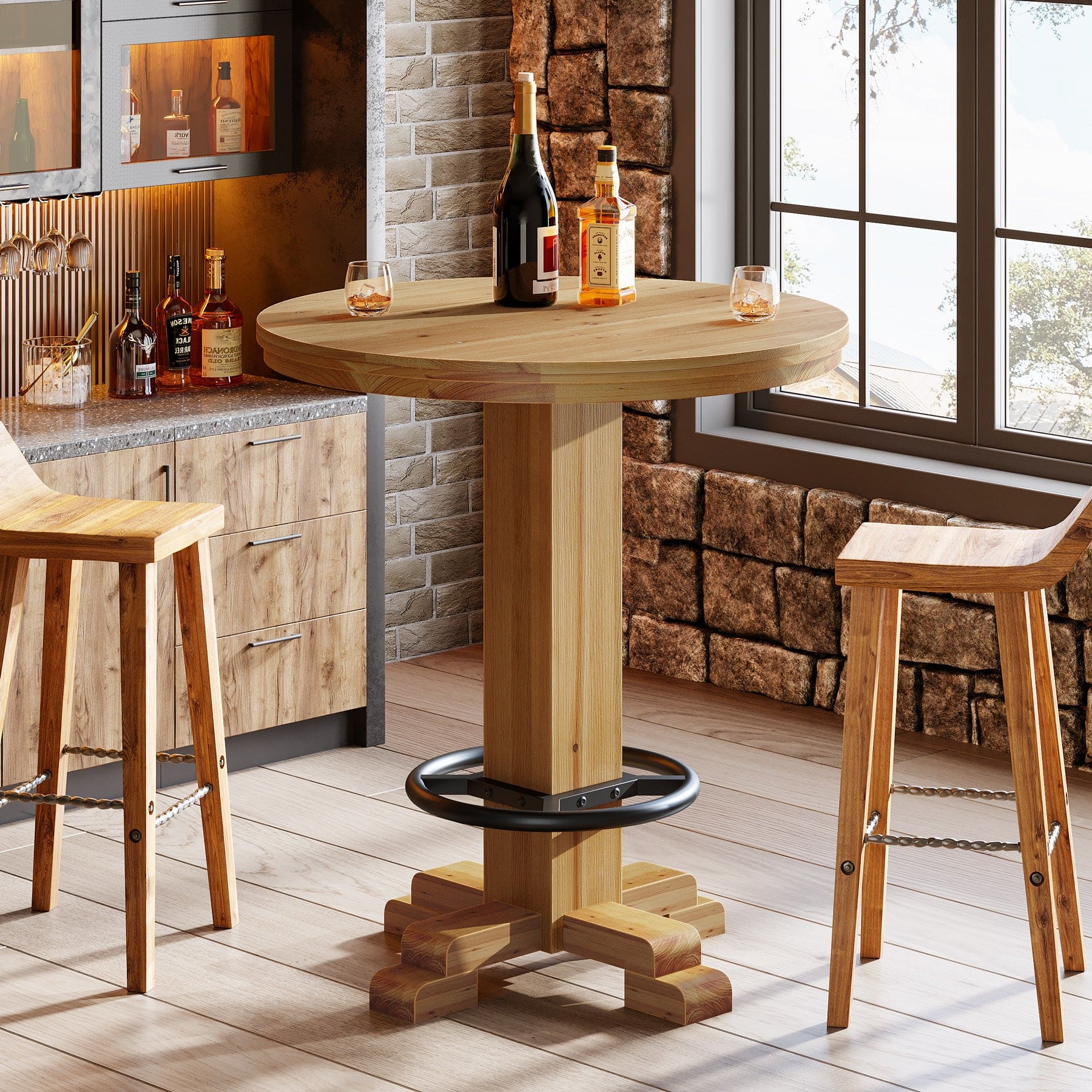 Tribesigns - Solid Wood Bar Table with Footrest, Wood Grain Finish and Space-Saving Design for Living Room - Brown