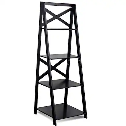 Front. Kadyn - Bookshelf, Open Bookcase Book Shelf,Storage Shelf Unit Plant Stand,4-Tier Leaning Free Standing Ladder Shelf Bookcase - Black.