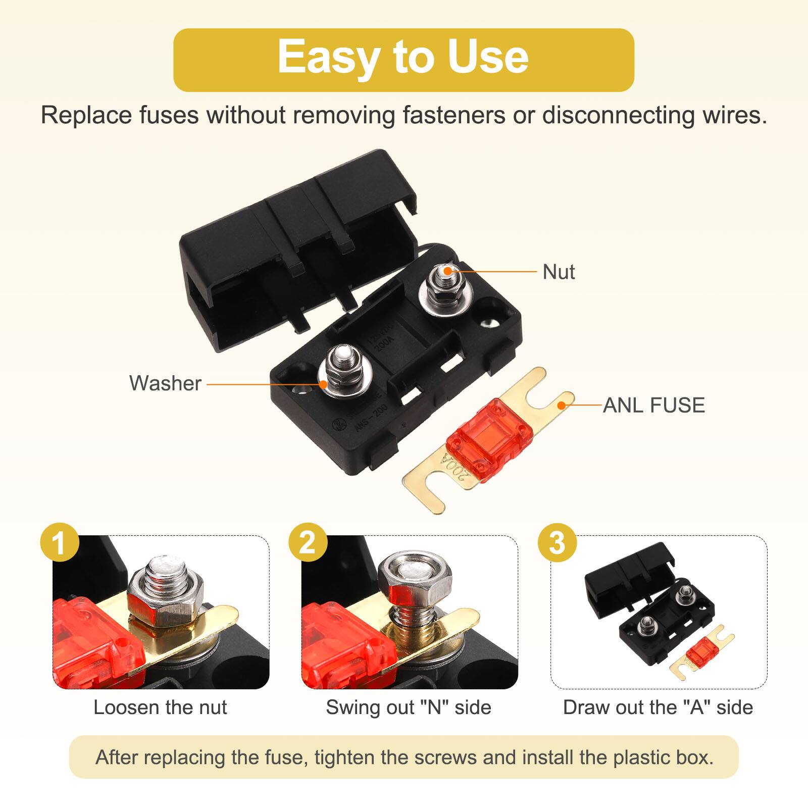 Easy to Use  
Replace fuses without removing fasteners or disconnecting wires.

1. Loosen the nut
2. Swing out "N" side
3. Draw out the "A" side

After replacing the fuse, tighten the screws and install the plastic box.