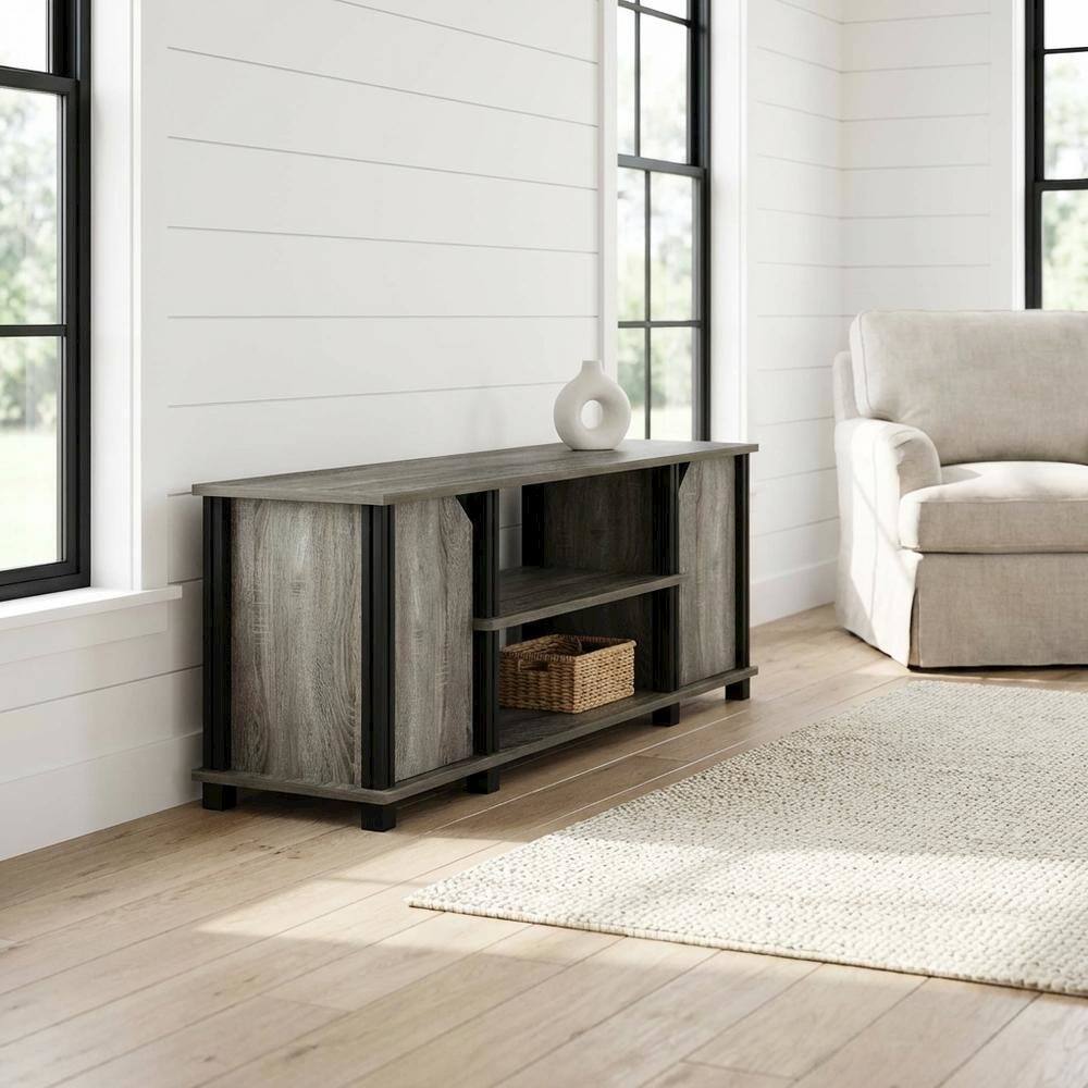 Alt View 1. FurniFact - Wooden TV Stand with Shelves and Storage in French Oak/Black finish - Black.