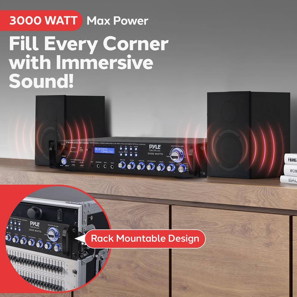 3000 WATT  
Max Power  
Fill Every Corner with Immersive Sound!  

PWMA300BTNEW  
PYLE  
3000 WATTS  

Rack Mountable Design  

PYLE.com  
FRANCE  
WOM  
BAU