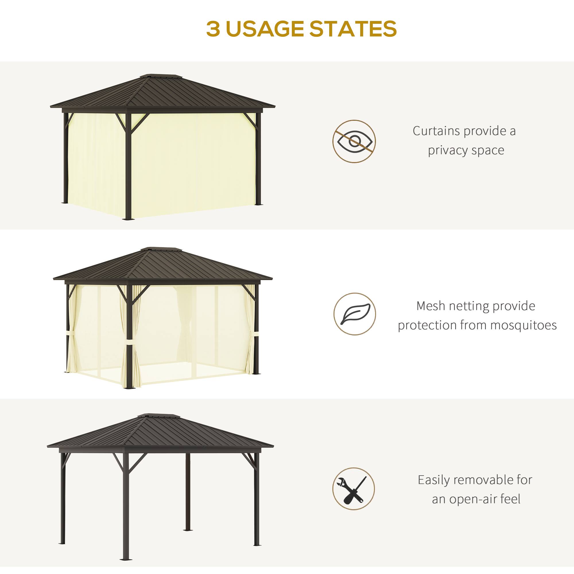 3 USAGE STATES
Curtains provide a privacy space
Mesh netting provide protection from mosquitoes
Easily removable for an open-air feel