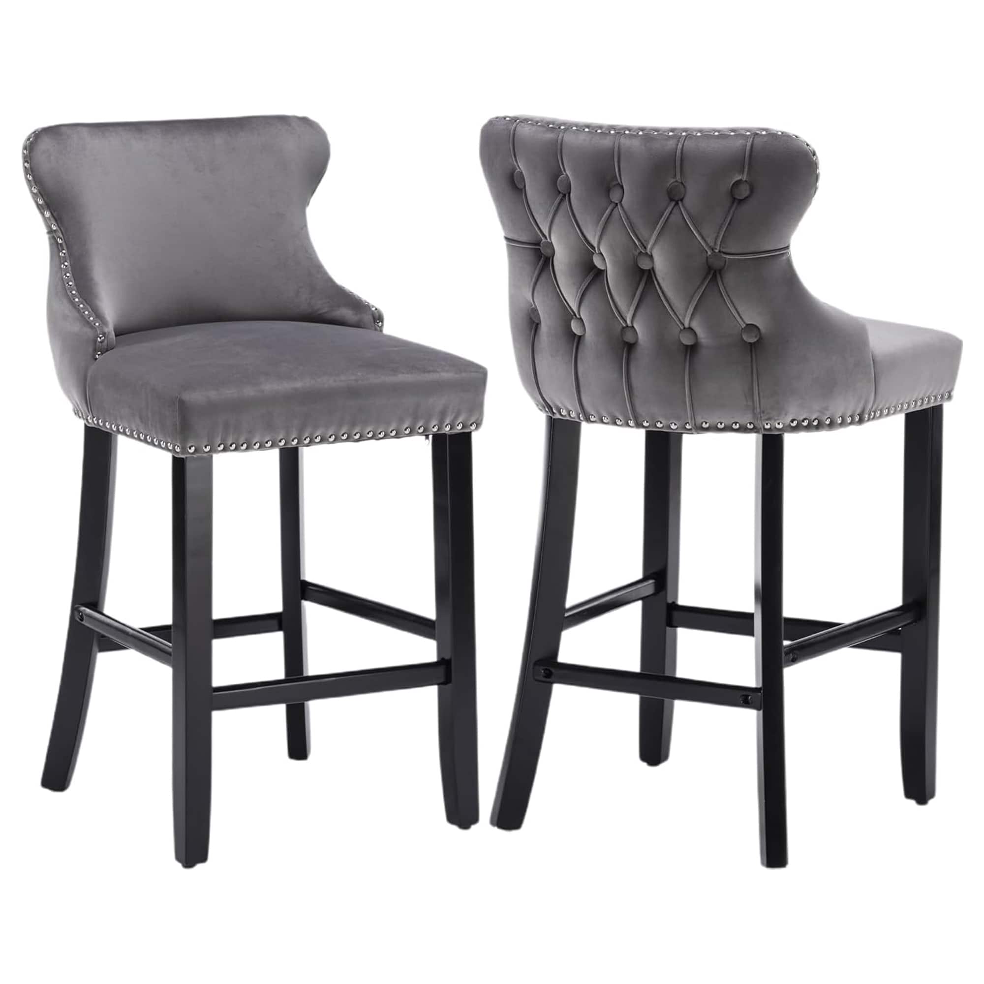 HTUTWOO - Velvet Bar Stools Set of 2, Wingback Counter Height Chairs with Solid Wood Legs and Nailhead Trim for Kitchen Island - Gray