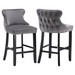 HTUTWOO - Velvet Bar Stools Set of 2, Wingback Counter Height Chairs with Solid Wood Legs and Nailhead Trim for Kitchen Island - Gray