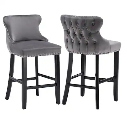 Front. HTUTWOO - Velvet Bar Stools Set of 2, Wingback Counter Height Chairs with Solid Wood Legs and Nailhead Trim for Kitchen Island - Gray.