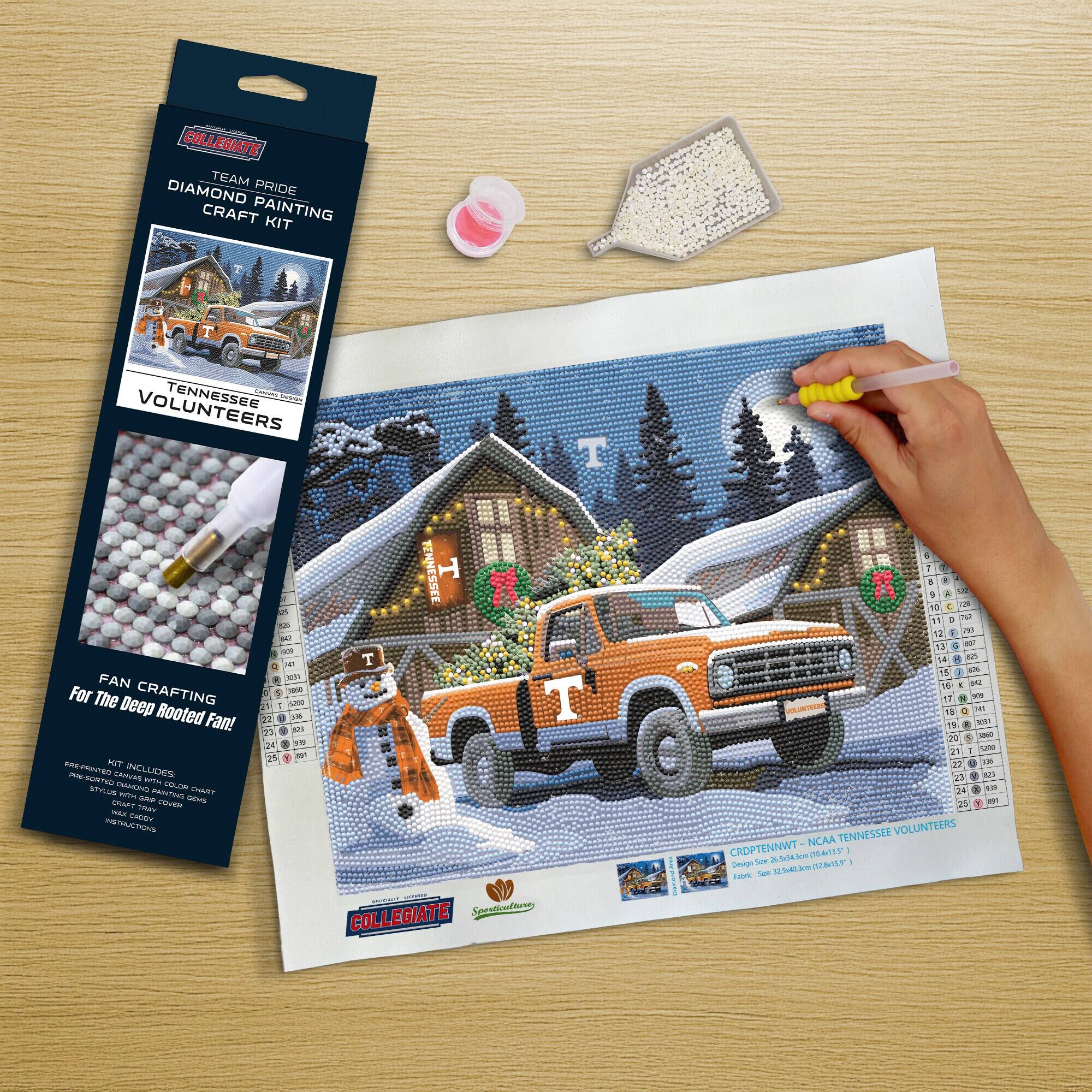 COLLEGIATE  
TEAM PRIDE  
DIAMOND PAINTING CRAFT KIT  

TENNESSEE VOLUNTEERS  

FAN CRAFTING  
For The Deep Rooted Fan!  

KIT INCLUDES:  
- PREMIUM CANVAS  
- DIAMOND DUST  
- DIAMOND PAINTING CHART  
- INSTRUCTIONS  

CRPTENNWT - NCAA TENNESSEE VOLUNTEERS  
Design Size: 16" x 20"  
Fabric Size: 18" x 24"