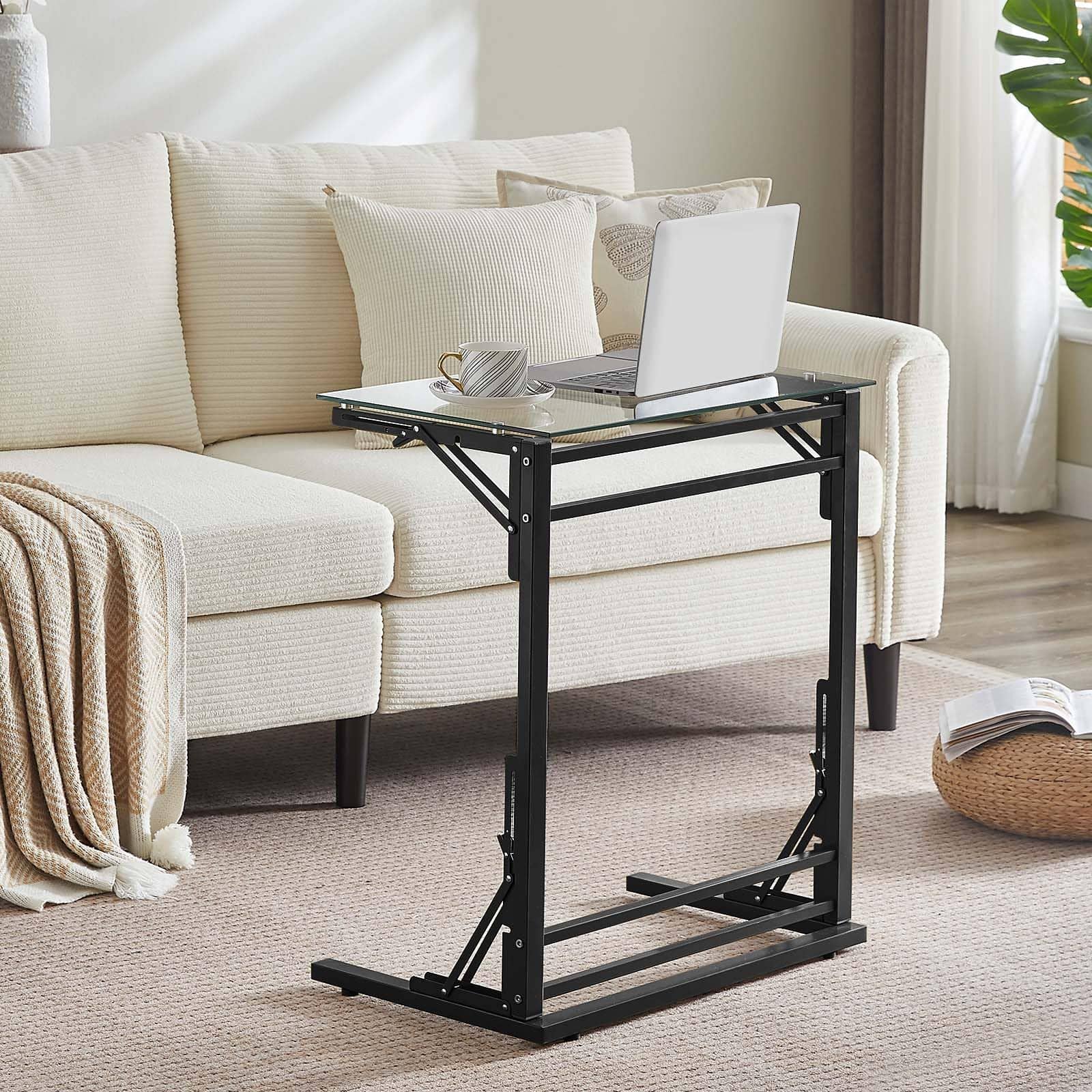 Fabibe - 24" Folding C Shaped End Table Small Tempered Glass Side For Couch Or Bed Foldable Tv Tray Laptop Desk With - Clear+black
