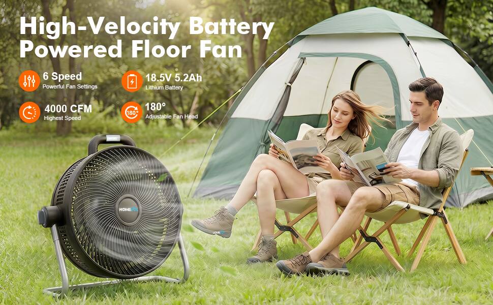 High-Velocity Battery Powered Floor Fan  
6 Speed  
18.5V 5.2Ah  
4000 CFM  
Highest Speed  
180° Adjustable Fan Head  
Powerful Fan Settings  
Lithium Battery