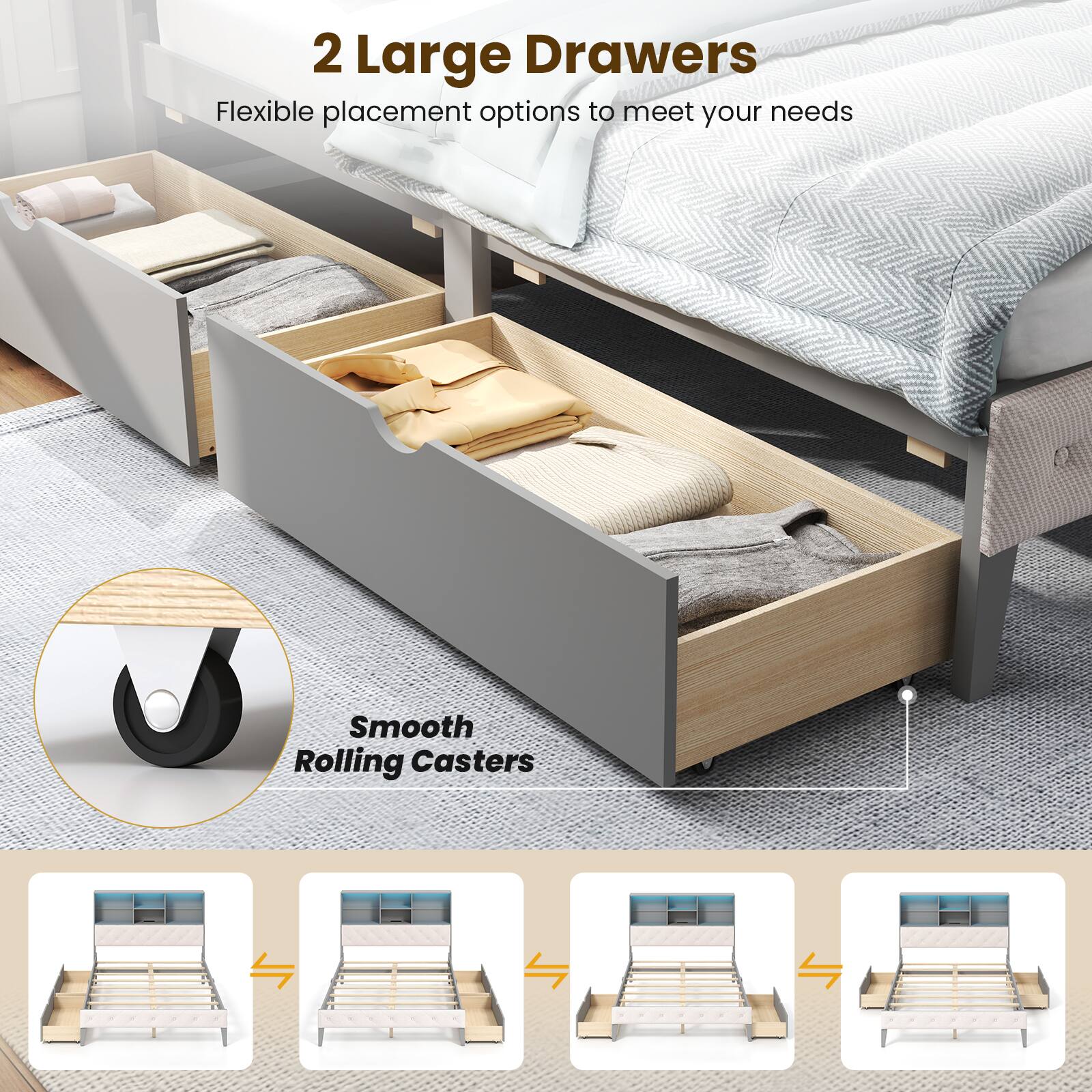 2 Large Drawers  
Flexible placement options to meet your needs  
Smooth Rolling Casters