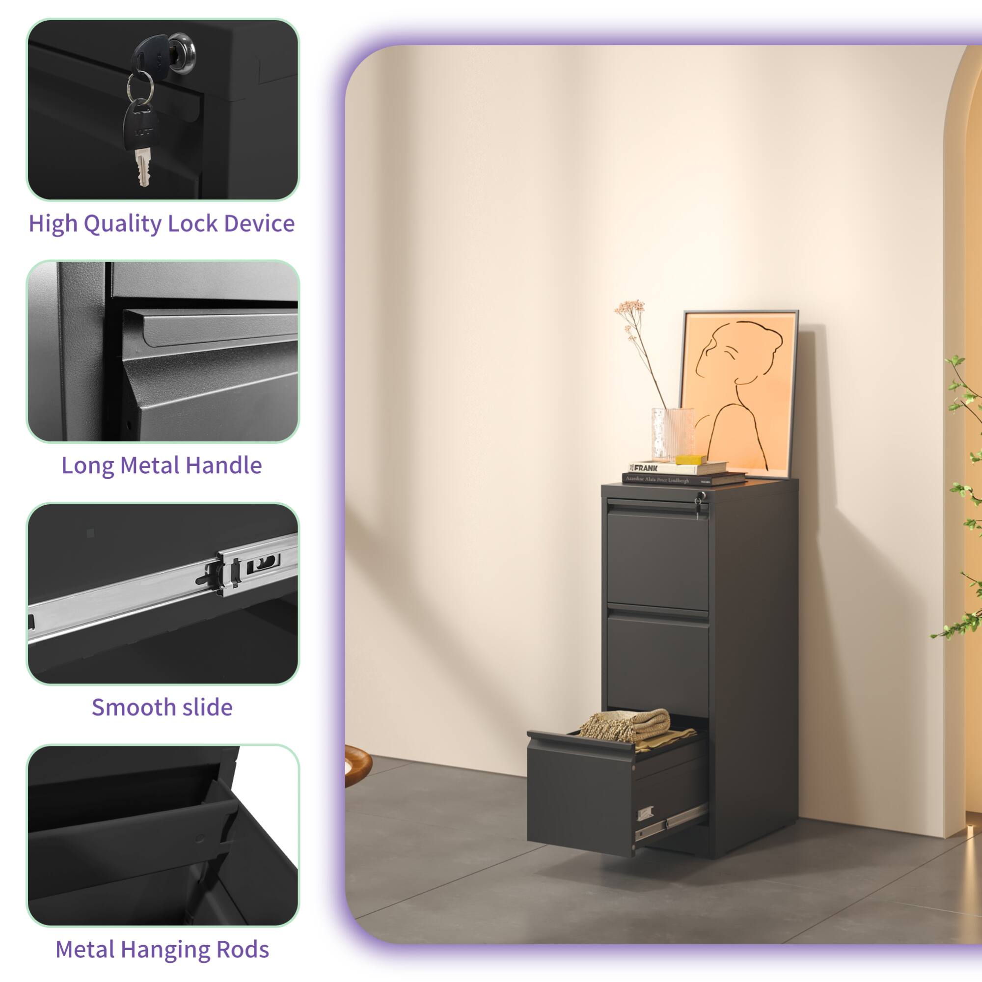 High Quality Lock Device  
Long Metal Handle  
Smooth slide  
Metal Hanging Rods