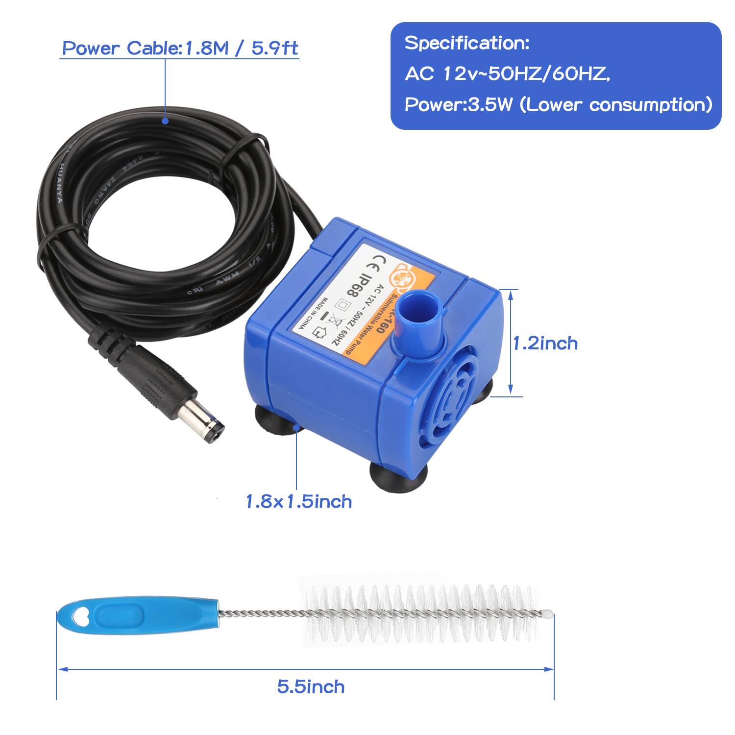 Power Cable: 1.8M / 5.9ft  
Specification: AC 12v~50HZ/60HZ, Power: 3.5W (Lower consumption)  
HUANYA VSE Z4AWO LB ARM 0 CE IP68 12V AC  
Pump: 1.2inch, 1.8x1.5inch, 5.5inch