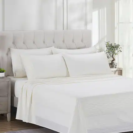 Front. Sweet Home Collection - 6 Piece Embossed Dobby Stripe Sheet Set, Double Brushed Microfiber, King - Beige.