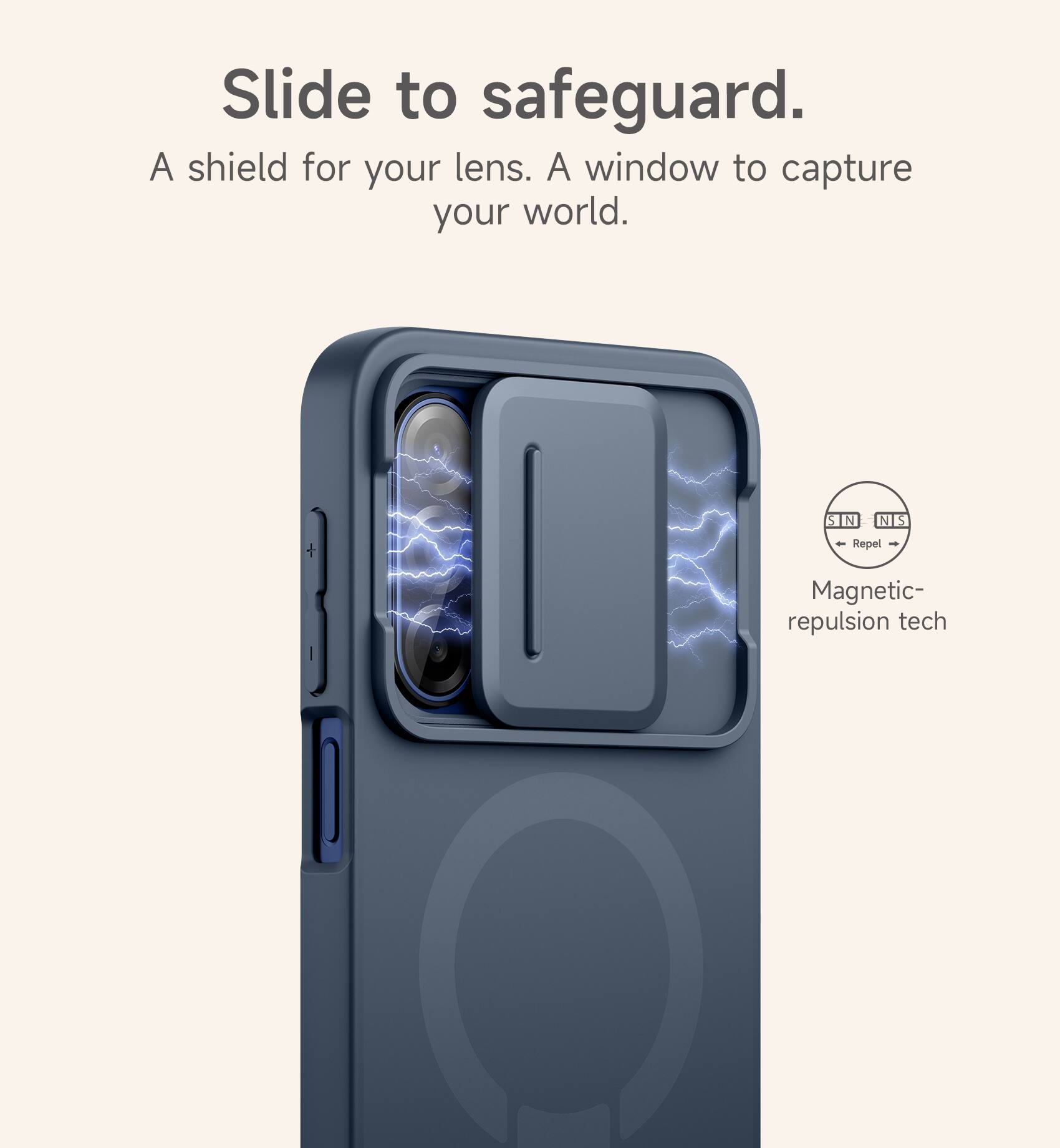 Slide to safeguard.  
A shield for your lens. A window to capture your world.  
SIN N S - Repel - Magnetic repulsion tech