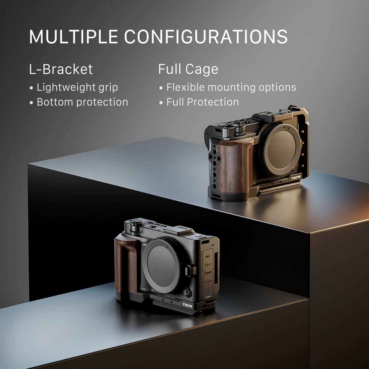 MULTIPLE CONFIGURATIONS

L-Bracket
- Lightweight grip
- Bottom protection

Full Cage
- Flexible mounting options
- Full Protection