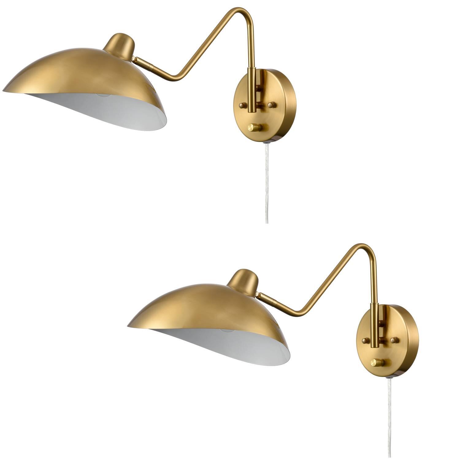 Alt View 8. MOOSE - Maggiano Modern Brass Metal Wall Sconce with On/Off Switch Plug-in or Hard wired Swing Arm Wall Light Fixture, Set of 2 - Gold.