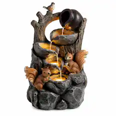 Front. RYHNUYNE - Squirrel Outdoor Water Fountain with LED Lights – Resin Tree Stump & Pouring Jug Waterfall Feature for Patio, Yard.