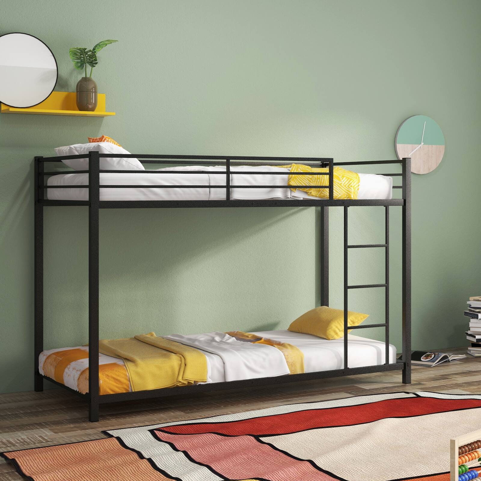 Alt View 3. Ecooso - Low Profile Twin Over Twin Metal Bunk Bed with Guardrails - Black.