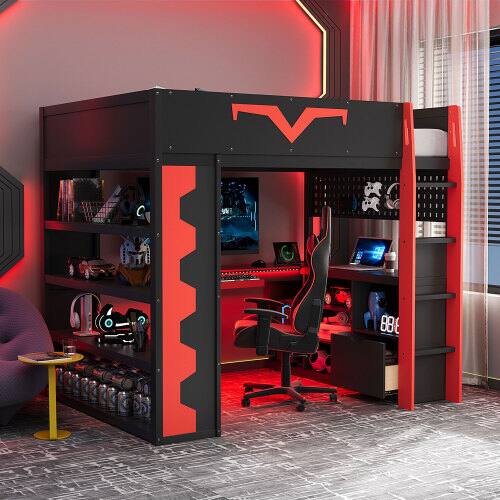 Angle. Anysun - Full Size Gaming Loft Bed with Desk & RGB Lights - Pro-Gamer Bed with Power Outlet, Bookshelf, Pegboard & Storage Drawer - Red.