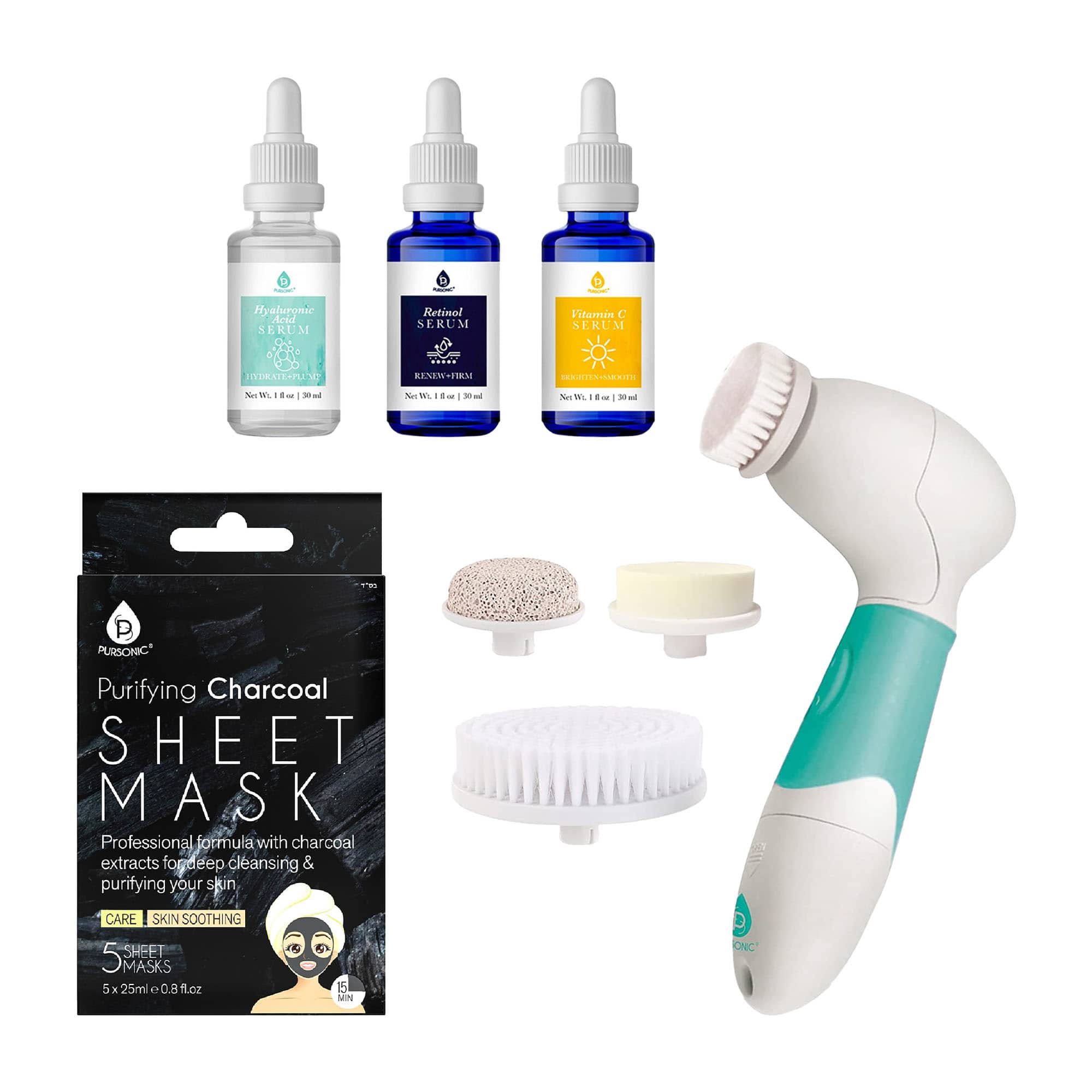 Pursonic - Complete Skincare Bundle – Advanced Facial & Body Cleansing Brush + Anti-Aging Serum Set + 5-Pack Charcoal Shee - Multicolor