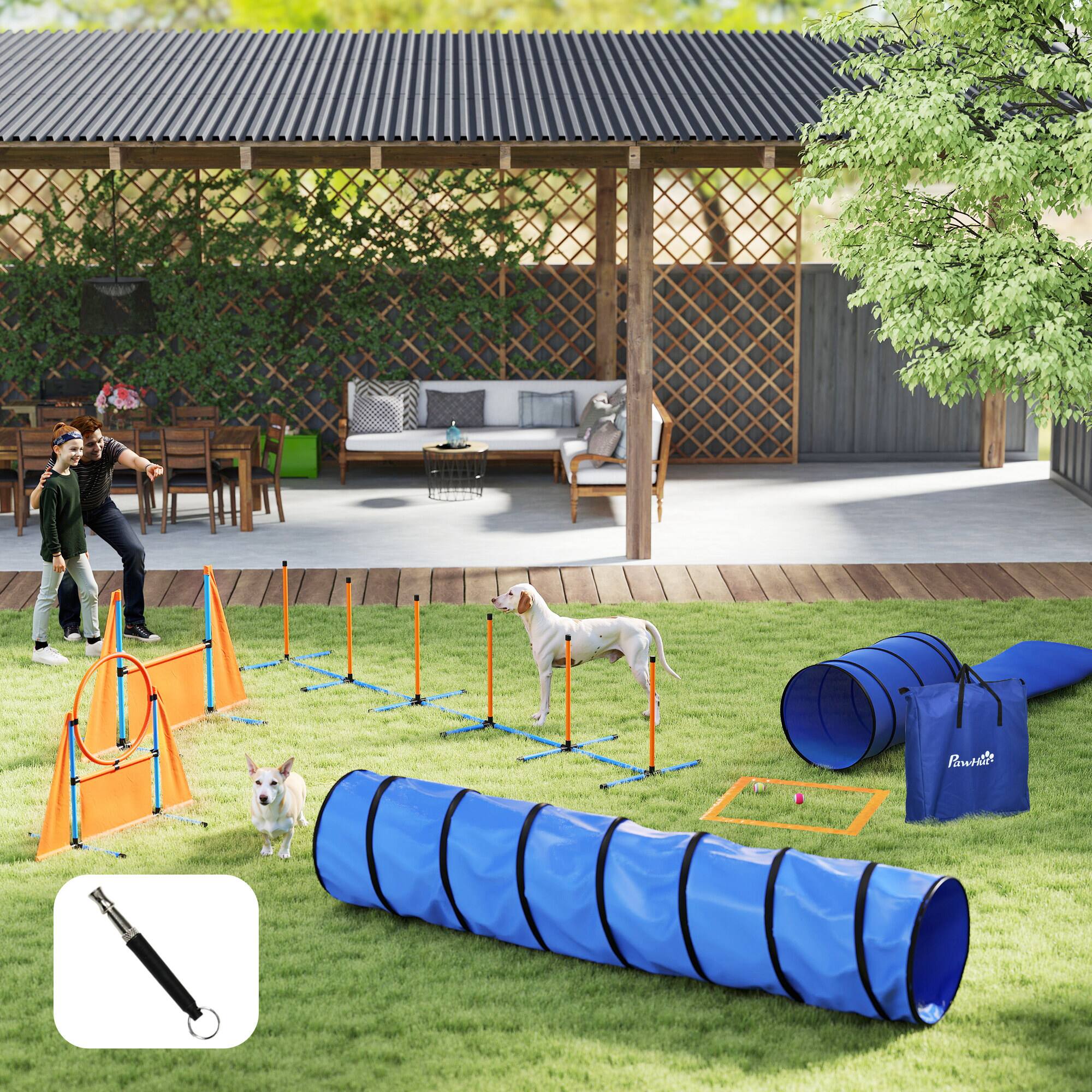 Angle. Pawhut - Dog Agility Training Set, 10 PCs Complete Course, 2 Tunnels, Weave Poles, Pause Box, Hurdles, Balls, Whistle, Carry Bag - Orange.