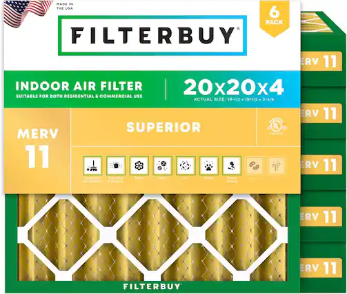 MADE IN THE USA
6 PACK FILTERBUY ERV 11 INDOOR AIR FILTER 20x20x4
SUITABLE FOR BOTH RESIDENTIAL & COMMERCIAL USE
ACTUAL SIZE: 19-1/2 x 19-1/2 x 3-5/8
ERV 11 CLASSIFIED SUPERIOR C
US MERV H37012 11
ERV 11
Household Dust & Debris
Dust Mites & Particles
Pollen
Mold
Lint
Dander
Smoke & Smog
Bacteria
Dust